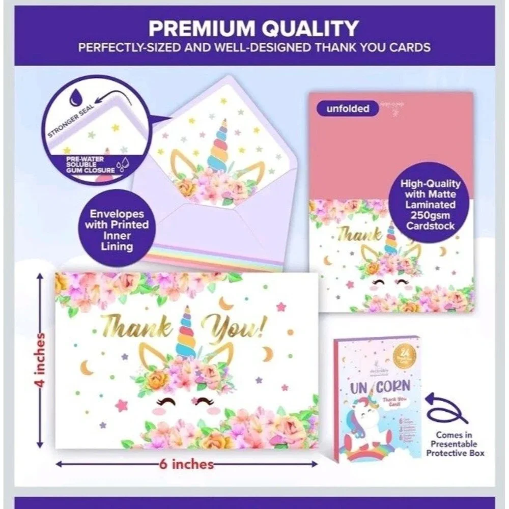Decorably 24 Pack Gold-Foiled 6x4in Unicorn Thank You Cards with Envelopes...